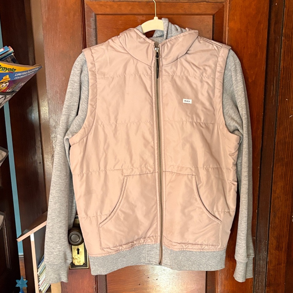 NWOT RVCA Women Pink and Gray Hooded Vest Jacket
